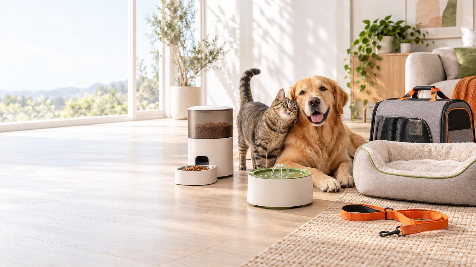 A dog and cat with modern pet feeding, drinking, bedding and travel products